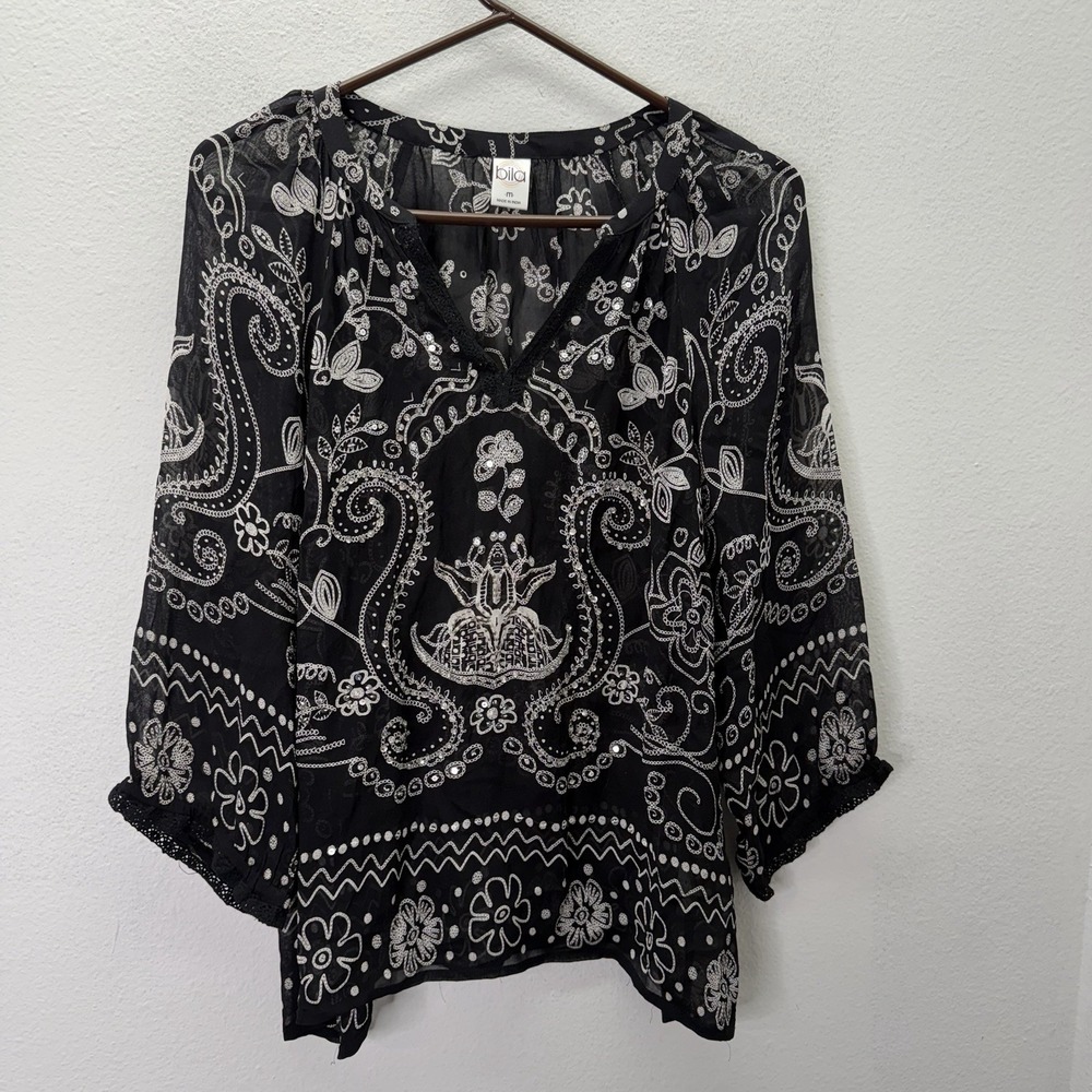 Bila Women's Sz M Chiffon Top Black Boho Paisley V Neck 3/4 Sleeves Fairy Indie